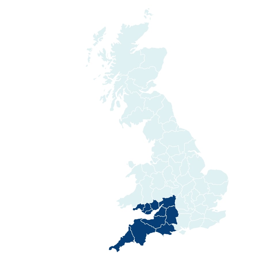 Map of South West England for our sales managers at Unilin Insulation