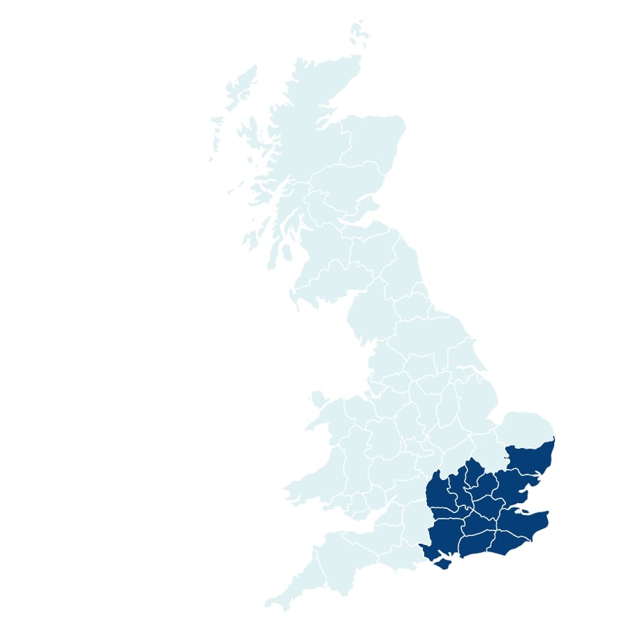 Map of South East England for our sales managers at Unilin Insulation